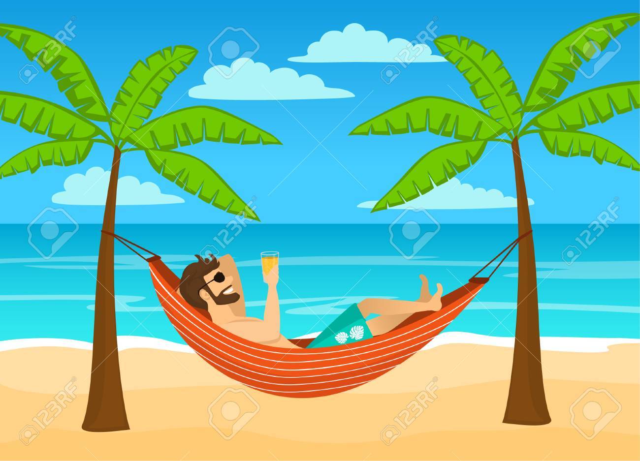 80917054-男は楽しんで夏時間休日、休暇、ビールを飲み、リラックスしたヤシの下でハンモックに横になっている木